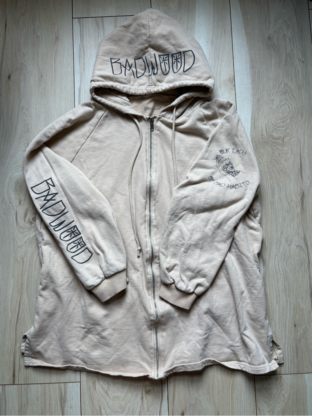 Badwood Women’s Small Graphic Zip Up Hoodie Cream Beige Streetwear Prayer Hands - Picture 2 of 11